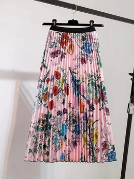 Floral Chic D'Été, Jupes Womens 2023 De La Mode Vintage De Marque Élastique Taille Haute Casual Midi Jupe Plissée Femme Vêtements Jupe