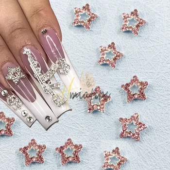 10pcs 3D Pink Silver Star Nail Charmes Kawaii Ongles Bijoux Crysta Strass Bijou en Alliage de Luxe de BRICOLAGE Accessoires Manucure