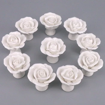 10PCS Blanc Porcelaine/Céramique Fleur Rose de Tiroir, Boutons Rural Armoire Placard poignées de Meubles à la Mode Poignées de Matériel