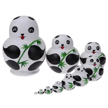 10pcs/Set Tilleul Panda Poupées russes à la Main Peinture russe Imbrication en Poupées Jouets Mignon Panda Poupées russes de Cadeau d'Enfants