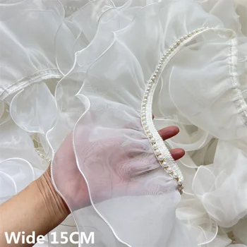 15CM de Large Double Couches de Tulle Blanc Organza Frange de Perles à Volants de Dentelle de Bord Garniture de Robe de Mariage de Rideaux, BRICOLAGE, Couture Guipure Décor