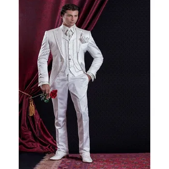 2023 Broderie Garçons D'Honneur Smoking (Veste+Pantalon+Gilet) Blanc Marié Mariage Hommes Costume Set De Bal Mens Costumes Blazers Terno Masculino