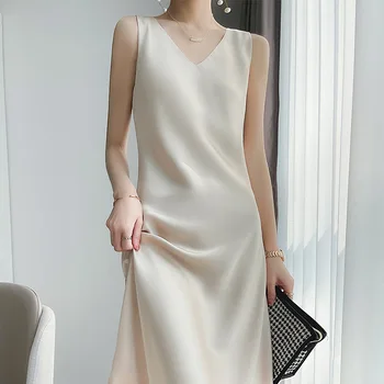 2023 Femme Élégante Robe Sexy V-Cou Sans Manches Coréen Harajuku Satin Partie Longue Maxi Robe Décontractée Robe Bain De Soleil Vestido Mujer
