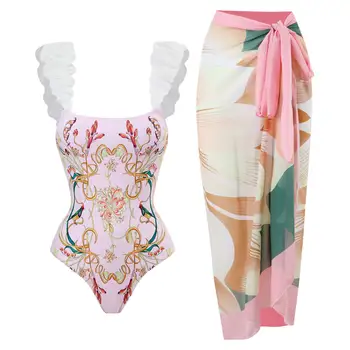 2023 les Femmes de Luxe Maillot de bain Set de Mode Floral Colorblock Impression d'Une seule Pièce de Bikini Avec Couvercle Sexy Serré d'Été, les vêtements de Plage