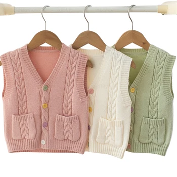 2023 Printemps les Filles Knit Cardigan Gilet Mode Enfants Filles Rose en Tricot Gilet Jacket Kids Bébé V-cou Chandail de l'Automne Veste Solide