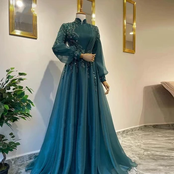 2023 Romantique Musulmans de Tulle Robes de Soirée Maroc Caftan Dubai Femmes Arabes Long de la Partie Formelle de l'Arabie Saoudite Robes de Bal Robe De