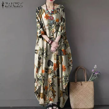 2023 ZANZEA Imprimé Maxi Robe Élégante des Femmes Floral robe bain de soleil de l'Automne Décontracté à Manches Longues Vestidos Femelle Robe de Coton Surdimensionné