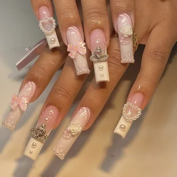24pcs Amovible XL Ballerine fleur artificielle ongles avec des dessins de Couverture Complète en français faux ongles set appuyer sur le diamant faux ongles