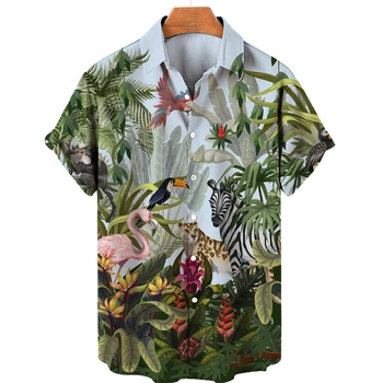 3D flamingo impression de la chemise des hommes Hawaii lâche respirant casual manches courtes, vacances à la plage
