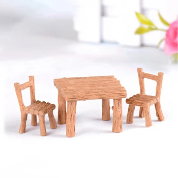 3pcs/set Nouveau Mignon Chaise de Table Miniature Park Siège Mini Long Banc en Bois en Résine de l'Artisanat Ornement Micro Figurine de Décors pour les Jouets des Enfants