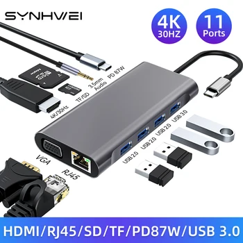 4/11 en 1 HUB USB 3.0 de Type C Adaptateur pour 4K Compatible HDMI VGA Lan RJ45 Ethernet SD/TF 87W PD Station d'accueil PC Portable Splitter