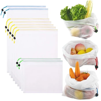 5 Pcs Sacs à provisions Réutilisables écologiques Maillage Produire des Sacs de Rangement pour Jouets Machine Net Organisateur de Sacs de Légumes, de Fruits Épicerie