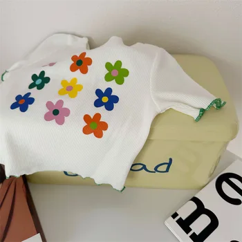 5298B Enfants T-Shirt 2023 de l'Été coréen de la jeune Fille en Tricot T-Shirt Manches Courtes à imprimé floral Belle Fille du Talonnage Shirt Tops