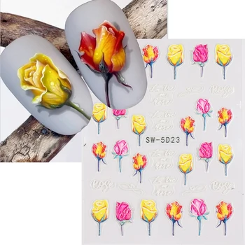 5D en Relief de Roses Autocollants pour les Ongles Fleur Acrylique Décalcomanies Daisy des Feuilles d'Automne Hiver french Manucure Feuilles Curseurs Fournitures SASW-5D