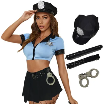 6Pcs Bleu Sexy en Uniforme de policier pour Adulte Womens Fête d'Halloween Cosplay de la Cop de la Tenue de la Police Costume Haut+Jupe+Chapeau+Menottes+Baton+Courroie