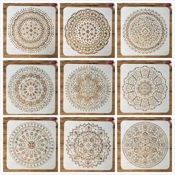 9Pcs/Pack de 20*20cm Mandala Tour de la Géométrie de BRICOLAGE Superposition de Pochoirs, Peinture à l'Album de Coloriage de Gaufrage Album Décoratif Modèle