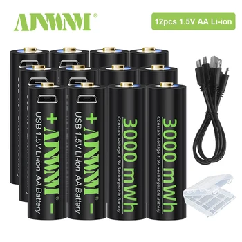 AJNWNM 1.5 V USB Piles Rechargeables AA 3000mWh 1,5 v Piles au Lithium AA pour la télécommande jouets lampe de poche caméra avec USB C
