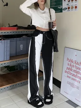 Américain Rétro Mode Y2k Streetwear Noir Et Blanc En Contraste De Couleur Taille Haute Jeans Baggy Femme Droite Jambe Large Pantalon De Femmes