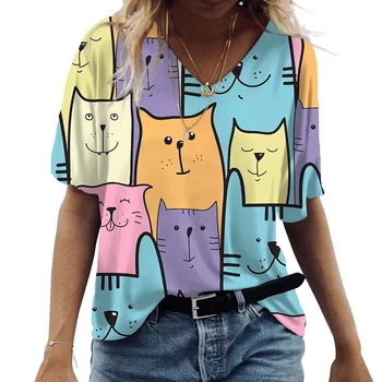 Anime Chat Imprimer Femme T Shirt 2023 de la Mode Harajuku Vêtements de V-cou Surdimensionné Short Sleeve Tees Feamle Casual Streetwear Chemisier