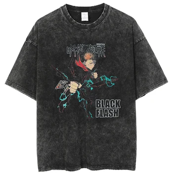 Anime Jujutsu Kaisen Graphic T Shirt Hommes Harajuku Hip Hop Vintage Washed t-shirts pour les Hommes Oversize en Coton 100% Streetwear, T-shirt