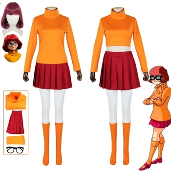Anime Velma Seragam Cosplay Kostum Orange Jupe Courte Uniforme Wanita Oranye Uae Kaki Rok Atas Fête D'Halloween Carnaval Ensemble