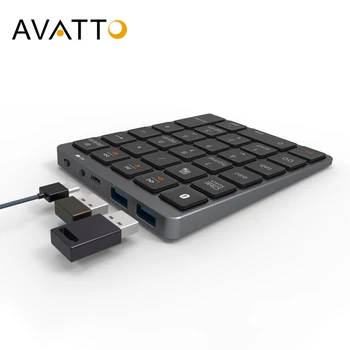 AVATTO en Alliage d'Aluminium de 28 Touches sans Fil Bluetooth Clavier Numérique avec HUB USB Plus les Touches de Fonction Mini pavé numérique pour des tâches de Comptabilité
