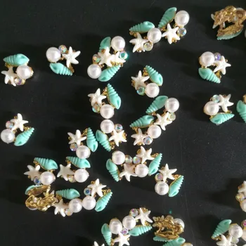 Bleu étoile de mer/Conque Strass/Perles 10Pcs/Lot Mini Nail Charms Plaqué Or en Alliage Nail Art Décorations 3D DIY Manucure 2711