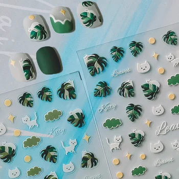 Chat mignon Étoiles Feuilles Vertes 5D en Relief Doux Reliefs Auto-Adhésif Nail Art Autocollants Beau dessin animé 3D Manucure Autocollants de Gros