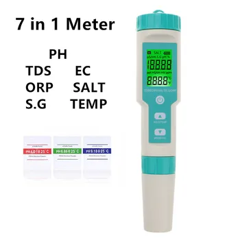 COM-600 7 en 1 PH, TDS CE ORP Salinité S. G Temp Compteur de la Qualité de l'Eau Moniteur Testeur IP67 pour l'Eau Potable, les Aquariums, les PH-Mètre