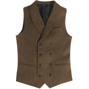 Costume d'homme Veste Marron en Tweed à Chevrons Double Breasted Steampunk Vêtements Masculins Gentleman Affaires Gilet pour Mariage Gilet