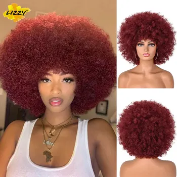 Court Afro Kinky Curly Perruques pour les Femmes Noires Synthétiques Africaine de Vin Rouge Cosplay Perruque Naturel Moelleux Doux Haute Température Fibre