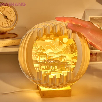 Creative 3D Stéréoscopique Led Papier Sculpture Lampe avec Base en Bois Ambiance Cartoon de Chevet Décor Art de la Lumière de Nuit de l'Ami de Don