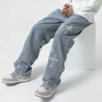 De La Rue Haute Y2k Pantalon Hommes Croix De Style Gothique Patch Hip Hop Jeans Baggy Pantalon Lavé Pantalon Droit Décontracté Harajuku Fashion Pantalon