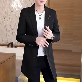 De nouveaux Hommes d'Affaires Décontractée de la Mode Urbaine coréenne de la Tendance Slim de Couleur unie Petite Veste de Costume Printemps blazers longue robe manteau