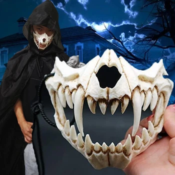Des Masques De Fête Dents Longues Démon Samurai Squelette Demi-Masque Loup Dragon Tiger Nue Houjuu Masque Cosplay Costume D'Halloween Accessoires