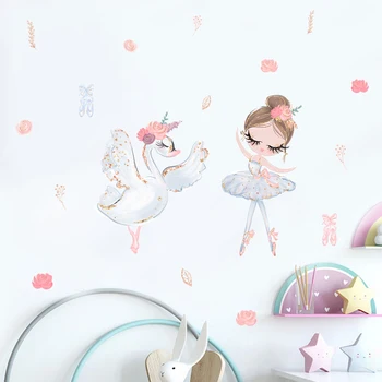 Dessin animé Blanche Ballerine Fille Swan Fleurs Stickers muraux pour la Chambre des Enfants Filles de Bébé Décoration de Chambre Autocollants muraux Intérieur de la Chambre