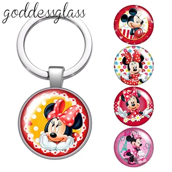Disney Mickey mouse, Minnie mouse cabochon Rond en verre keychain Sac de clé de Voiture de la chaîne de support de la Bague Breloques porte-clés cadeau pour les Enfants