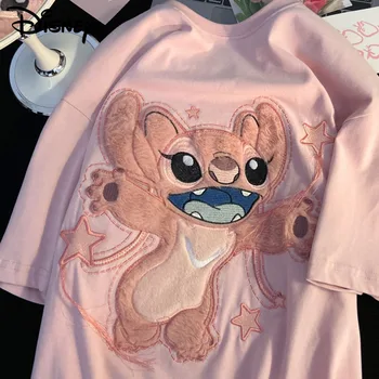 Disney Stitch Y2k Rose T-Shirt Femmes 2023 d'Été en Coton Mignon Broderie Tees Fille à Manches Courtes O-cou Graphique Haut de Kawaii Vêtements