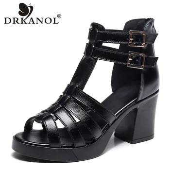 DRKANOL 2023 en Cuir de Vache Femmes Sandales Noir Sexy de Haut Talon Sandales de Gladiateur découpes Peep Toe Boucle d'Été des Femmes Occasionnels Chaussures