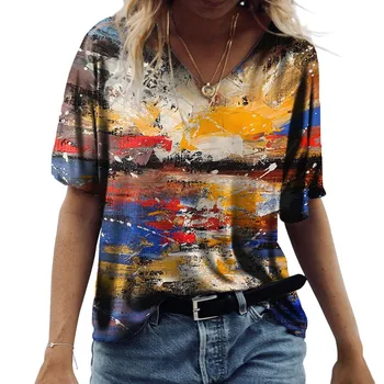 D'été de Mode de Peinture d'Art de Colorant de Cravate Imprimée en 3D des T-Shirts des Femmes Coloré T-Shirt Surdimensionné V-Cou Streetwear Fille Sexy Tees Tops