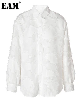 [EAM] Femmes Blanc Burr Grande Taille Burr Casual Blouse Nouveau Revers Manches Longues Loose Fit Chemise à la Mode Marée de Printemps à l'Automne 2023 1DF7393