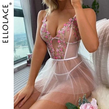 Ellolace Exotiques Robes Sexy Porno Vêtements De Nuit Des Fées Nuisette Intime De Fantaisie Transparent Tenues Volant De Voir À Travers La Chemise De Nuit De Sexe