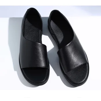 En Cuir véritable Chaussures Hommes Sandales 2023 Été en Cuir de Vache Sandales Plates antidérapantes Mâle de Vacances Chaussures Noir Slip-on A4389