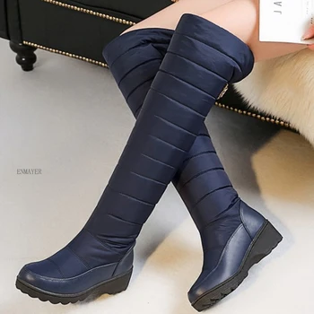 ENMAYER 2023 Chaussures Femmes Down Bottes de Neige Round Toe Slip-on-Dessus du Genou Bottes de Neige Talon Carré Femmes Bottes d'Hiver 34-43