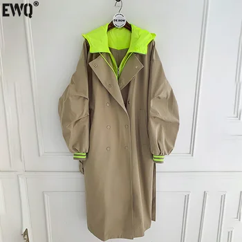 [EWQ]2023 Marée d'Automne de Nouvelles Hooded Trench Coat coréen 1 Kaki Manteau Femme trench-coat Manteau Chaud de Vendre des Vêtements d'Automne