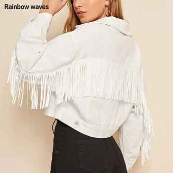 Femmes Vestes en Denim Avec une Frange de Perles de la Mode Lâche Veste Blanche à Manches Longues Manteau Court Printemps Vêtements Casual Rainbowwaves