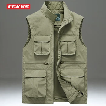 FGKKS Hommes de l'Été à la Pêche de Loisirs Gilet Lâche Mode Multi-poche Extérieure de la Veste de Couleur unie Mince Stand Collar Vest Hommes