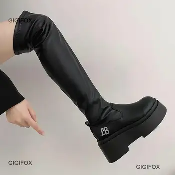 GIGIFOX Gothique Plate-forme de Hautes Bottes de Chaussures Pour Femmes Halloween Combat Bottes de Moto Noir Punk Chunky Long de la Conception de Chaussures de