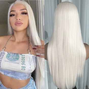 Glace Blonde Perruques Lace Front Longue ligne Droite sans colle Synthétique Perruque pour les Femmes Résistant à la Chaleur de la Fibre de Cheveux Blancs, Cheveux Colorés
