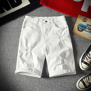 Hommes Blanc Denim Shorts D'Été Des Trous Casual Short Stretch Jeans Des Hommes De Coton Solide Slim Fit Short, Pantalon De Genou Élastique Longueur Pantalon